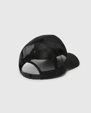 The Psycho Bunny Men's Melbourne Graphic Trucker Hat (B6A548F200) is pictured from the back on a white background, featuring a black mesh panel for ventilation, an adjustable snap-back strap, and a curved bill.