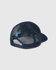 The image shows the back view of a navy-blue **MENS PARIS TRUCKER CAP - B6A591C200** by **Psycho Bunny**, featuring mesh paneling and a snapback closure. The mesh has a light blue embroidered detail near the closure with a subtle Bunny logo. The hat's crown and bill are solid navy blue.