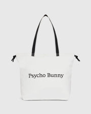The Psycho Bunny TENNIS TOTE - B6A596C200 is a white canvas tote bag with black handles, featuring the text "Psycho Bunny" on the front. It effortlessly combines style and functionality, making it perfect for tennis enthusiasts.