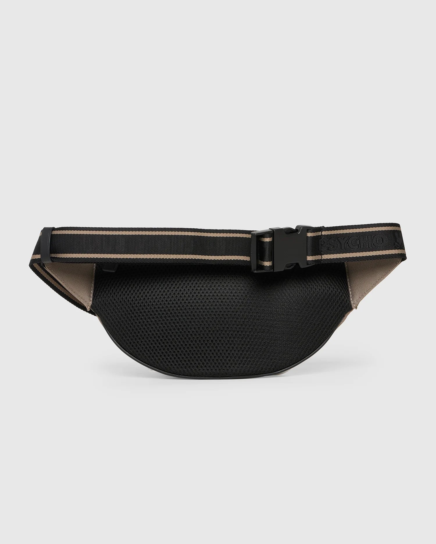 A Psycho Bunny MENS BELT BAG - B6A631Z1BP is shown against a white background. The convertible hip bag has a wide, adjustable strap with a black buckle closure. The strap features a black and beige striped design.
