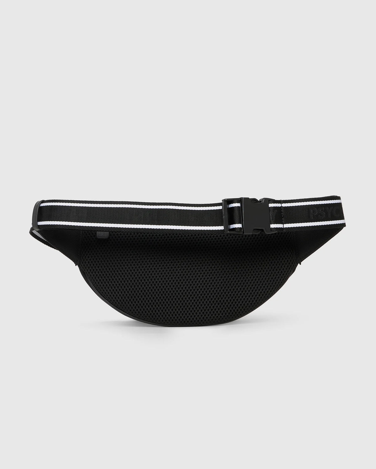 A black canvas HIP BAG with a textured surface and a reflective strip on a gray zippered compartment, fastened by a Psycho Bunny clip buckle, isolated on a white background.