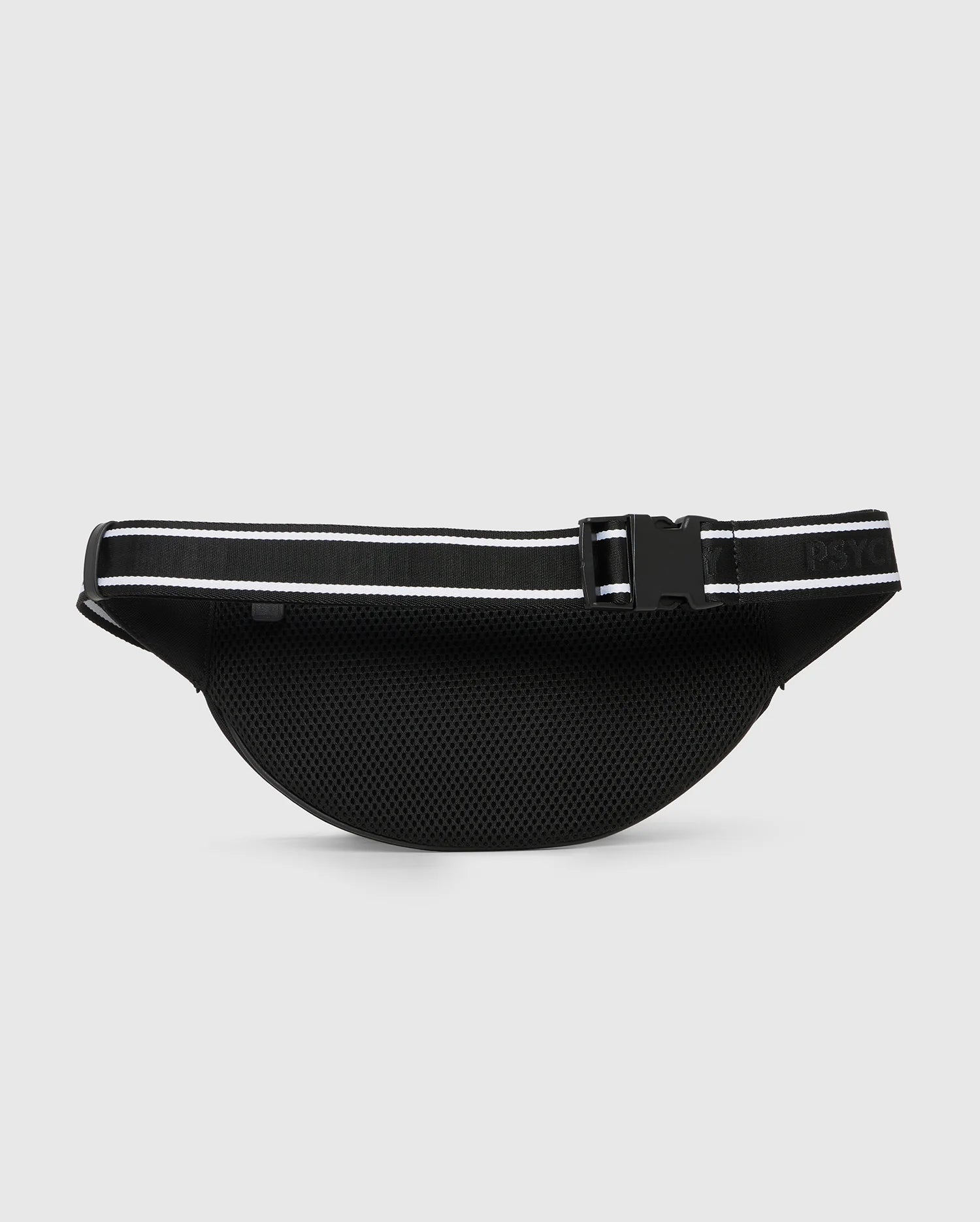 A black canvas HIP BAG with a textured surface and a reflective strip on a gray zippered compartment, fastened by a Psycho Bunny clip buckle, isolated on a white background.
