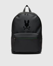 The MENS RUBBERIZED BACKPACK - B6A637F200 from Psycho Bunny is a durable black backpack, blending style and functionality with its unique rabbit design.