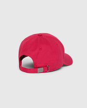 The Psycho Bunny Men's Walter Baseball Cap - B6A800D200 in vibrant red is made from 100% cotton, ensuring durability and comfort. Displayed from the back, it includes an adjustable strap with a metal buckle and a small metal plate near the opening, set against a plain gray background.