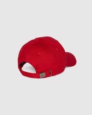 A red Psycho Bunny MENS CLASSIC BASEBALL CAP - B6A816A1HT viewed from the back. Made from 100% cotton, the cap features an adjustable strap with a metal buckle for size customization. The background is plain and light grey.