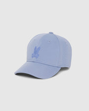 Introducing the Psycho Bunny MENS JAMES PREMIUM BASEBALL CAP in light blue, featuring knit twill fabric. This cap showcases a tonal embroidered bunny head logo with crossed bones, a slightly curved brim, and visible stitching against a plain white background.