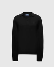 The Men's Johnny Collar Sweater - B6E258E200 by Psycho Bunny is crafted from a cotton-wool blend and showcases a long-sleeve black design set against a light gray background. This sophisticated sweater features a discreet embroidered logo on the left chest and includes a classic collar for added elegance.