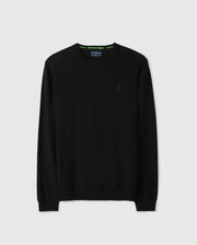 Introducing the Psycho Bunny Men's Belmore Extra Fine Cotton Sweater – B6E832D200. This elegant black sweater is meticulously crafted from extrafine cotton and showcases a discreet embroidered bunny logo on the left chest. It features a classic round neckline, complemented by ribbed cuffs and hem for timeless style. Presented on a light gray background, this piece underscores premium stitching for a touch of refined elegance.