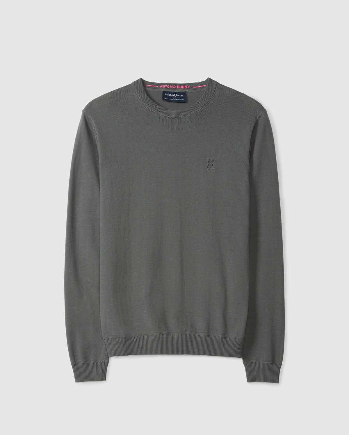 A luxurious green sweater by Psycho Bunny, the MENS BELMORE COTTON SWEATER - B6E832D200, is made from premium embroidered cotton and includes ribbed cuffs and hem. It features a discreet logo on the left chest and a branded label inside the neckline, showcasing its soft and lightweight fabric.