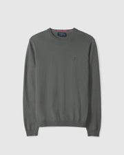 A luxurious green sweater by Psycho Bunny, the MENS BELMORE COTTON SWEATER - B6E832D200, is made from premium embroidered cotton and includes ribbed cuffs and hem. It features a discreet logo on the left chest and a branded label inside the neckline, showcasing its soft and lightweight fabric.