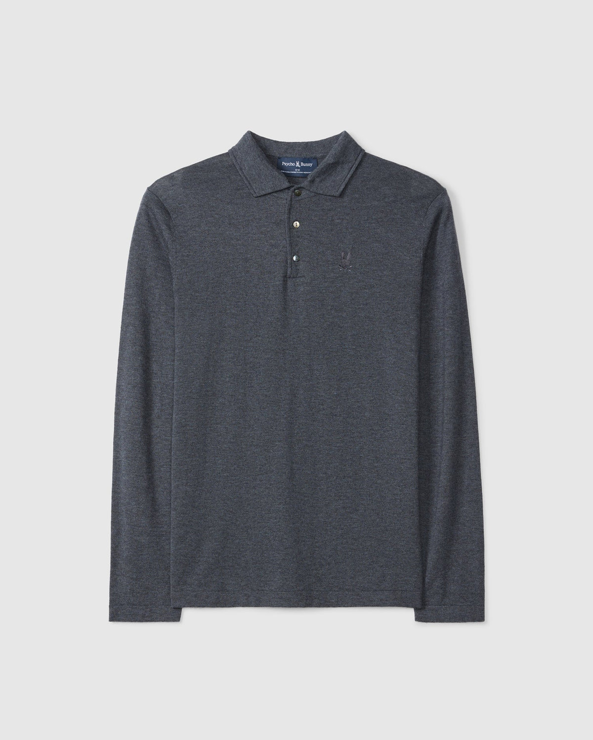 The MENS BRADSHAW POLO SWEATER - B6E835D200 by Psycho Bunny is a dark gray, long-sleeved polo crafted from merino wool. It boasts a collared neckline and three buttons, elegantly featuring a subtle embroidered logo on the left chest while displayed laid flat on a plain background.
