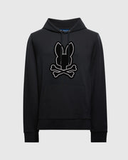 The MENS ALEXANDER HOODIE - B6H154E200 from Psycho Bunny is crafted for comfort, featuring a kangaroo pocket and adorned with a stylized bunny head and crossbones graphic on the front.