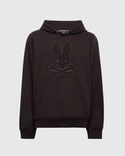 The Psycho Bunny MENS ELDORADO BRUSH BACK HOODIE - B6H234E200 in black features a rabbit head with crossed bones on the front, has a cozy kangaroo pocket, and drawstrings at the neck, set against a plain white background.