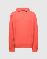 The Psycho Bunny Men's Nora Classic French Terry Hoodie (B6H434F200) in coral features a front pocket, long sleeves, and a subtle chest wordmark. Displayed on a light gray background, this hoodie is a stylishly minimalist wardrobe addition.