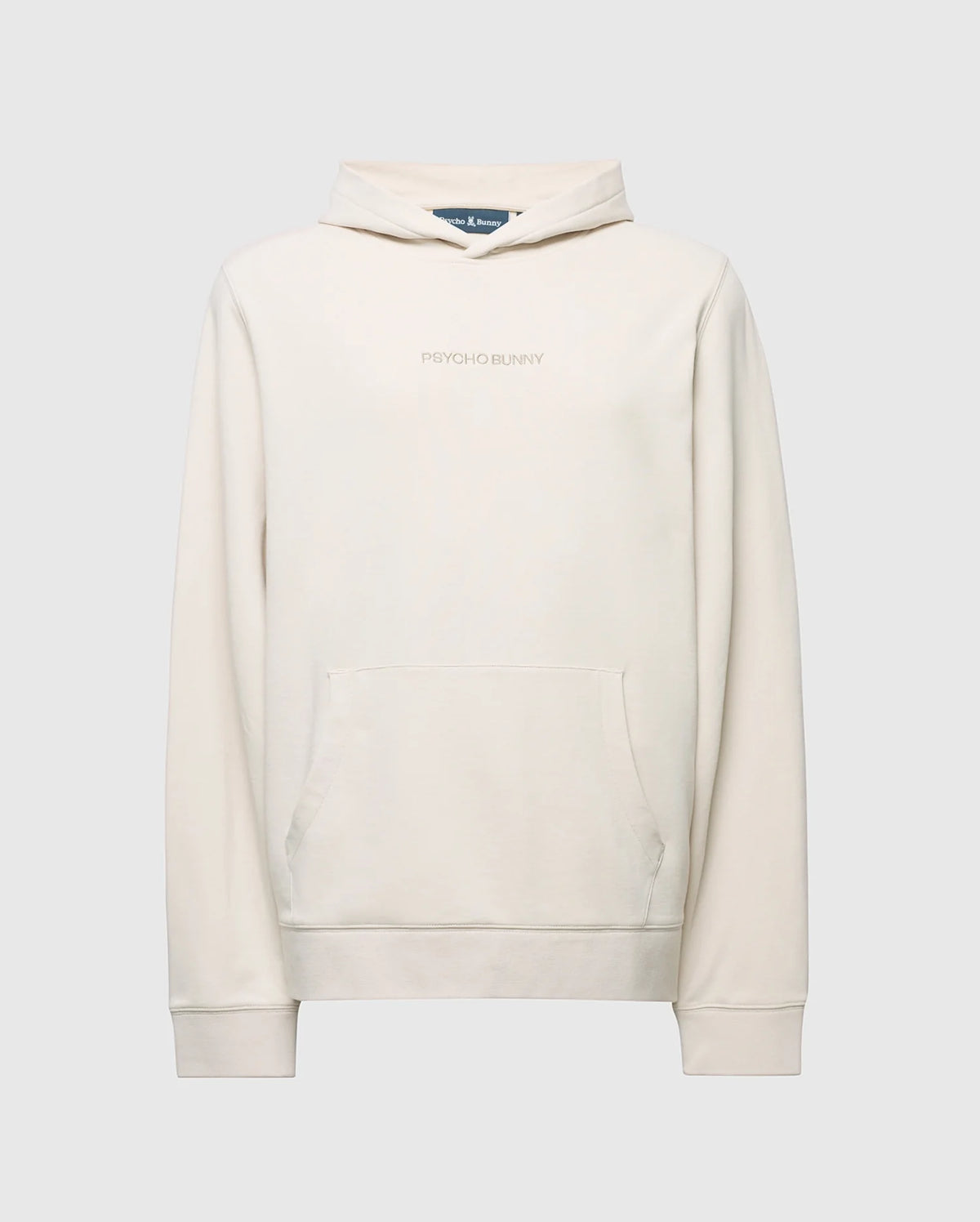 The MENS NORA CLASSIC FRENCH TERRY HOODIE (B6H434F200) by Psycho Bunny is crafted from cream French terry, featuring a kangaroo pocket and "Psycho Bunny" subtly embroidered on the chest, with a minimalist design and flat-laying hood.