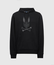 The MENS NEW CASTLE FRENCH TERRY HOODIE by Psycho Bunny showcases a unique bunny face and crossbones design on the front. Crafted from soft French terry, this elegant black hoodie features a drawstring hood and a front kangaroo pocket for comfort and style.