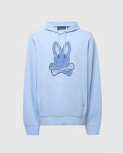 Psycho Bunny's Men's New Castle Hoodie (B6H517F200) is light blue, made from soft French terry fabric, and features an embroidered bunny head with crossbones at the center. It includes a front pocket and drawstring hood.