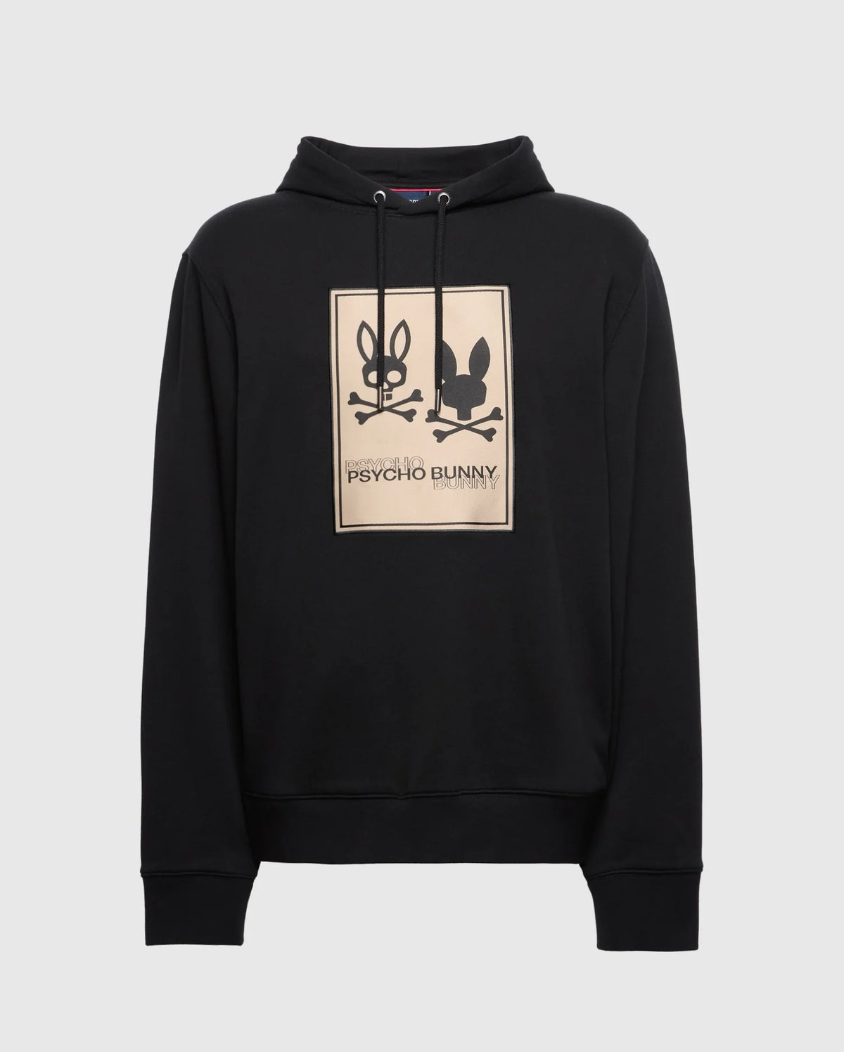 This trendy Men's Monroe Twill Patch Fleece Hoodie by Psycho Bunny comes in black French terry and showcases a graphic of two bunnies, with one facing forward and the other turned away. The "Psycho Bunny" branding is positioned below the image. Designed for ultimate comfort, it includes a drawstring and a convenient pouch pocket.