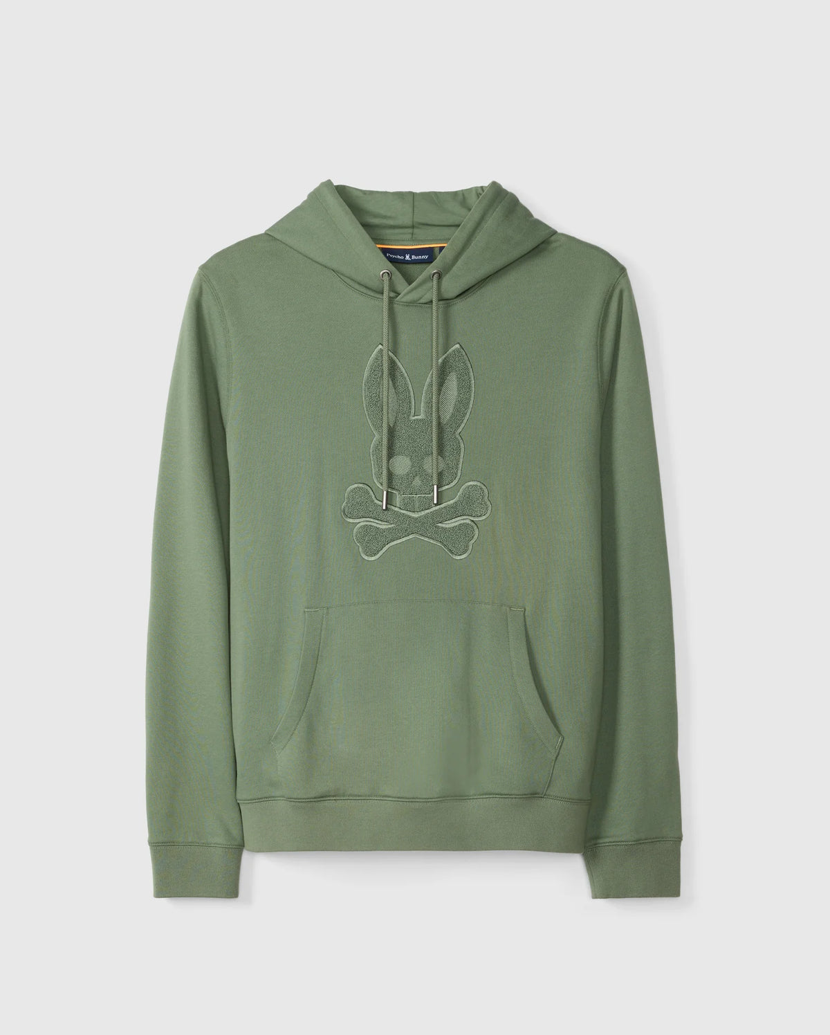 Introducing the Psycho Bunny MENS PACIFIC CHENILLE HOODIE - B6H930D200, available in a vibrant green hue. This versatile piece showcases a chenille embroidery of a bunny skull and crossbones on the chest. Crafted from soft French terry, it features a front pocket and drawstrings at the hood, elegantly displayed against a white background.