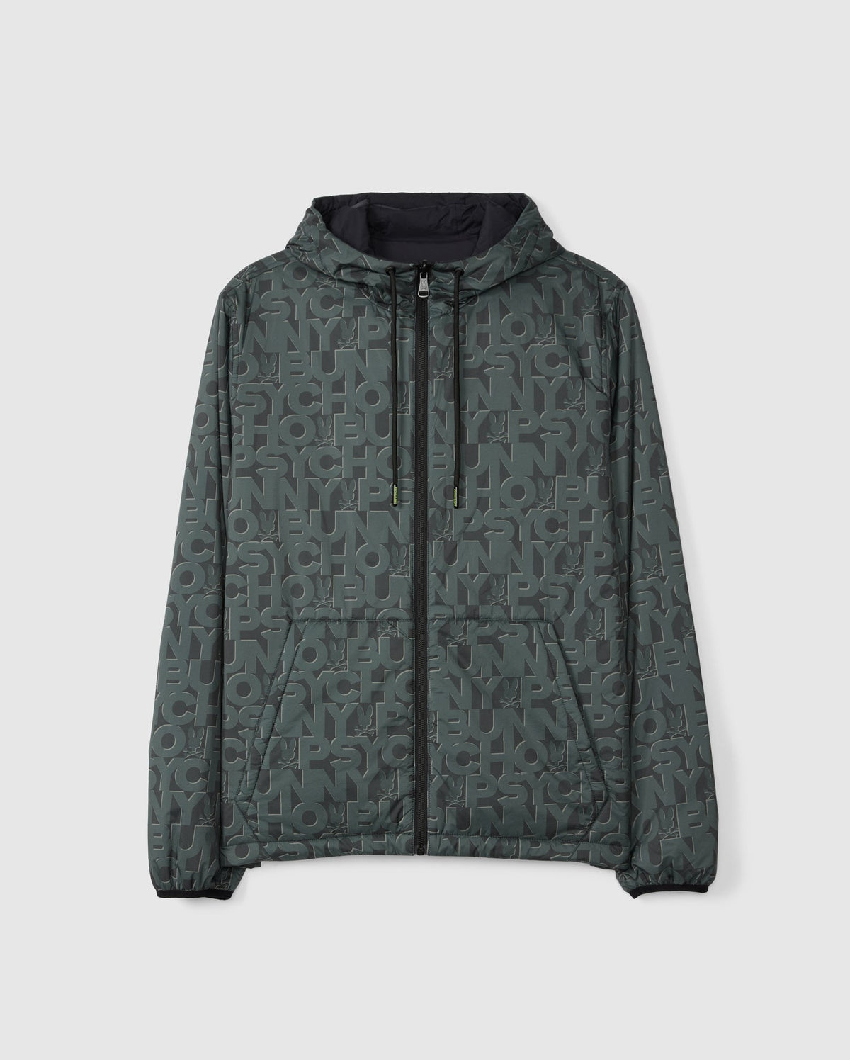 The SOUTHWORTH REVERSIBLE PADDED HOODED JACKET by Psycho Bunny features a dark green design with overlapping letter prints, a full zip closure, and elastic cuffs.