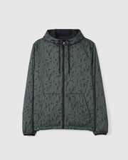 The SOUTHWORTH REVERSIBLE PADDED HOODED JACKET by Psycho Bunny features a dark green design with overlapping letter prints, a full zip closure, and elastic cuffs.