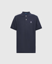 This navy blue men's classic polo, product code B6K001ARPC from Psycho Bunny, is crafted from Pima cotton and features short sleeves. It is adorned with the signature Psycho Bunny logo on the left chest and boasts a classic collar with two white buttons on the placket for a timeless style.