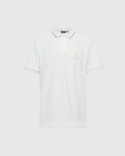 The Psycho Bunny MENS ELDORADO PIQUE POLO (B6K105E200) is a plain white shirt made from luxurious Peruvian Pima cotton. It features short sleeves, a classic collar with a three-button placket, a regular fit, and an embroidered logo on the left chest against the white fabric.