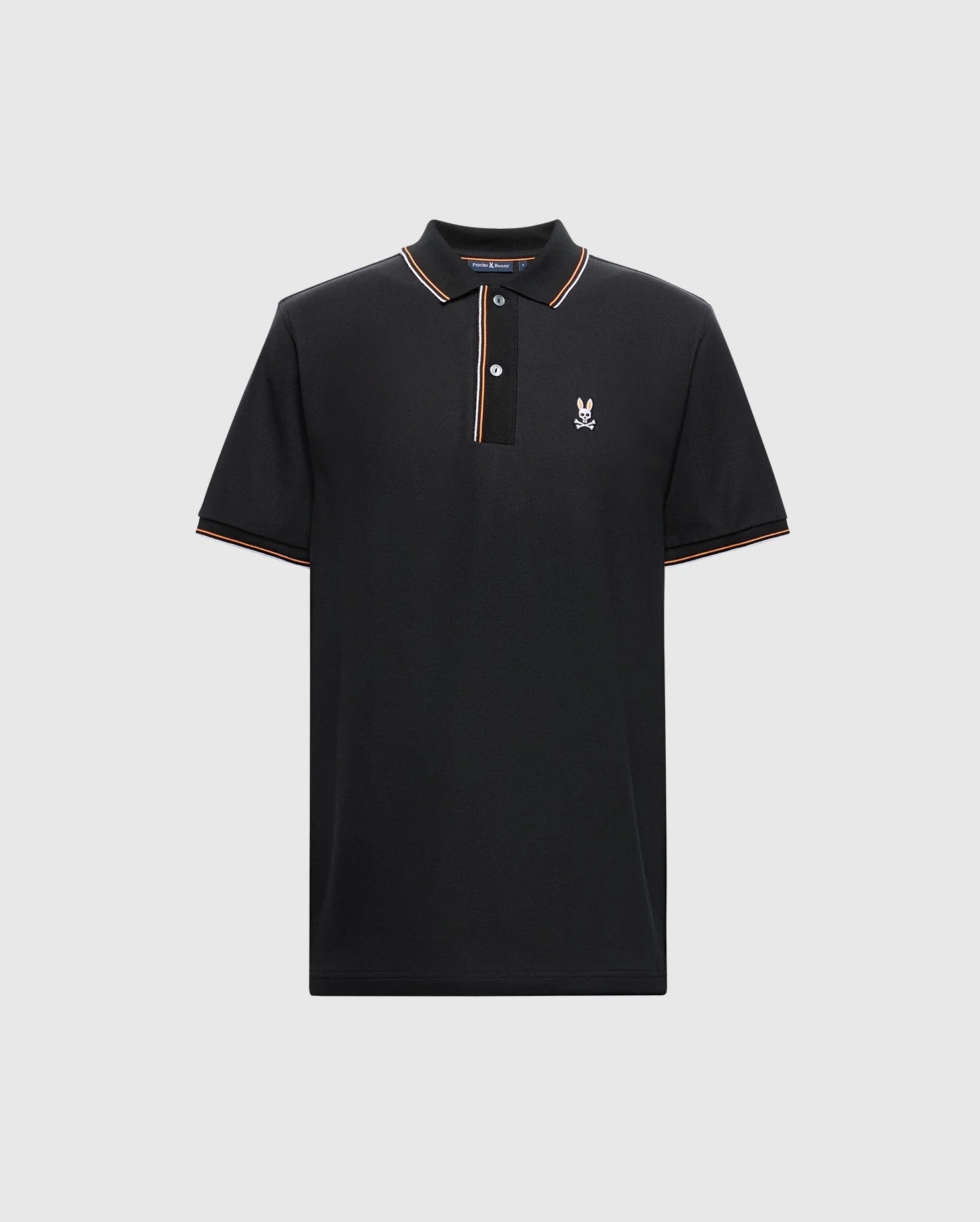 Presenting the Psycho Bunny Men's Brandon Pique Polo - B6K280E200, a luxurious black polo shirt trimmed with red, white, and gold accents on the collar and sleeves. This premium garment features a three-button placket and showcases a small embroidered logo on the left chest as a testament to its superior craftsmanship.