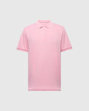 The pink MENS BRYCE PERFORMANCE PIQUE POLO by Psycho Bunny, B6K486F200, features short sleeves, a collar with three buttons, and a small embroidered logo on the left chest. Made from moisture-wicking performance pique fabric for comfort, it's shown on a plain gray background.