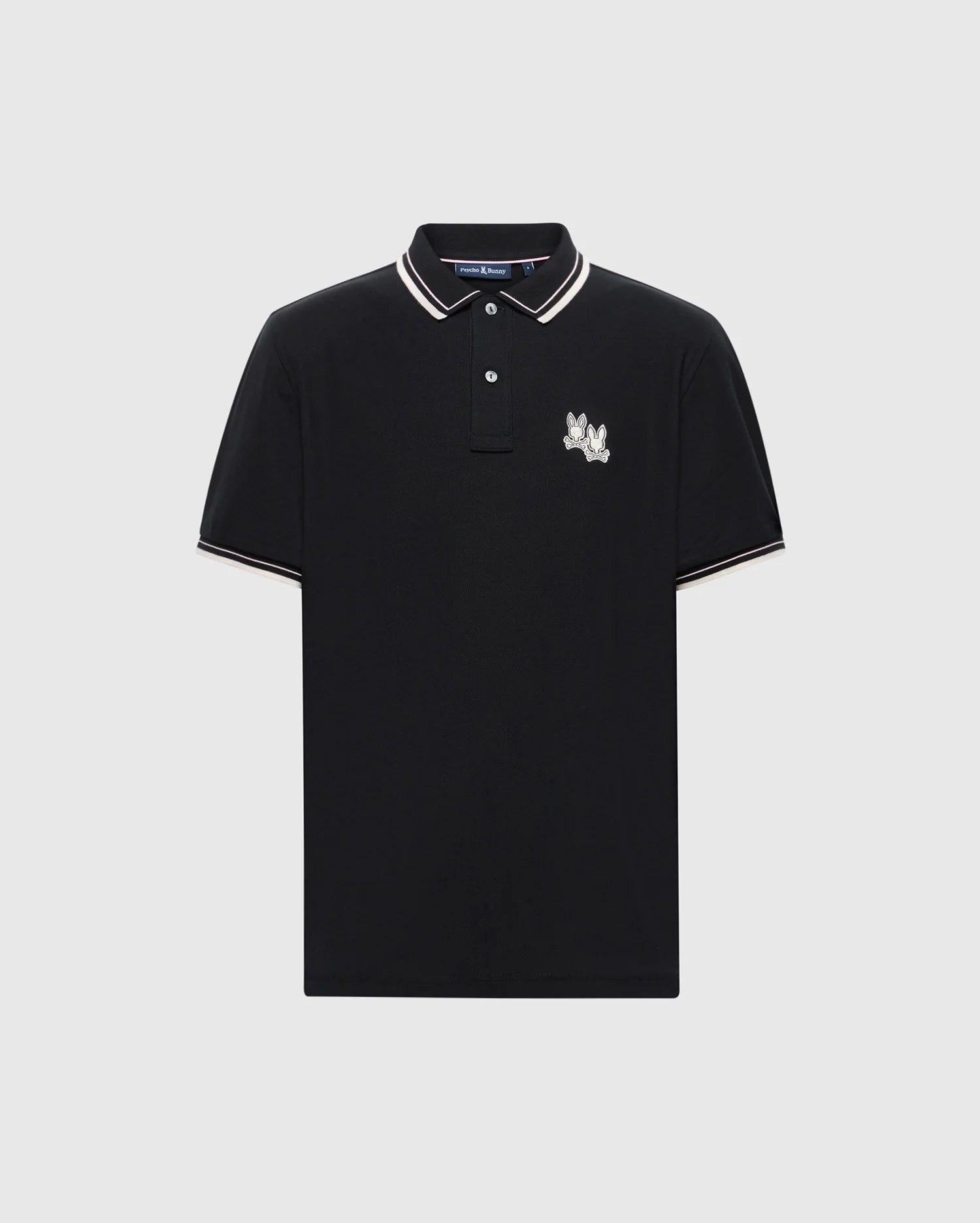 Discover Psycho Bunny's MENS ELLIOT PIQUE POLO in black Pima cotton, featuring white and beige trim on the collar and sleeves. It boasts an embroidered bunny design on the left chest and a classic two-button placket for timeless style.