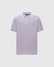 The Psycho Bunny MENS ELLIOT PIQUE POLO - B6K505F200 in light gray features a classic look with a small embroidered chest design, crafted from luxurious Pima cotton, with a classic collar and button placket accented by white on the collar and sleeve edges.