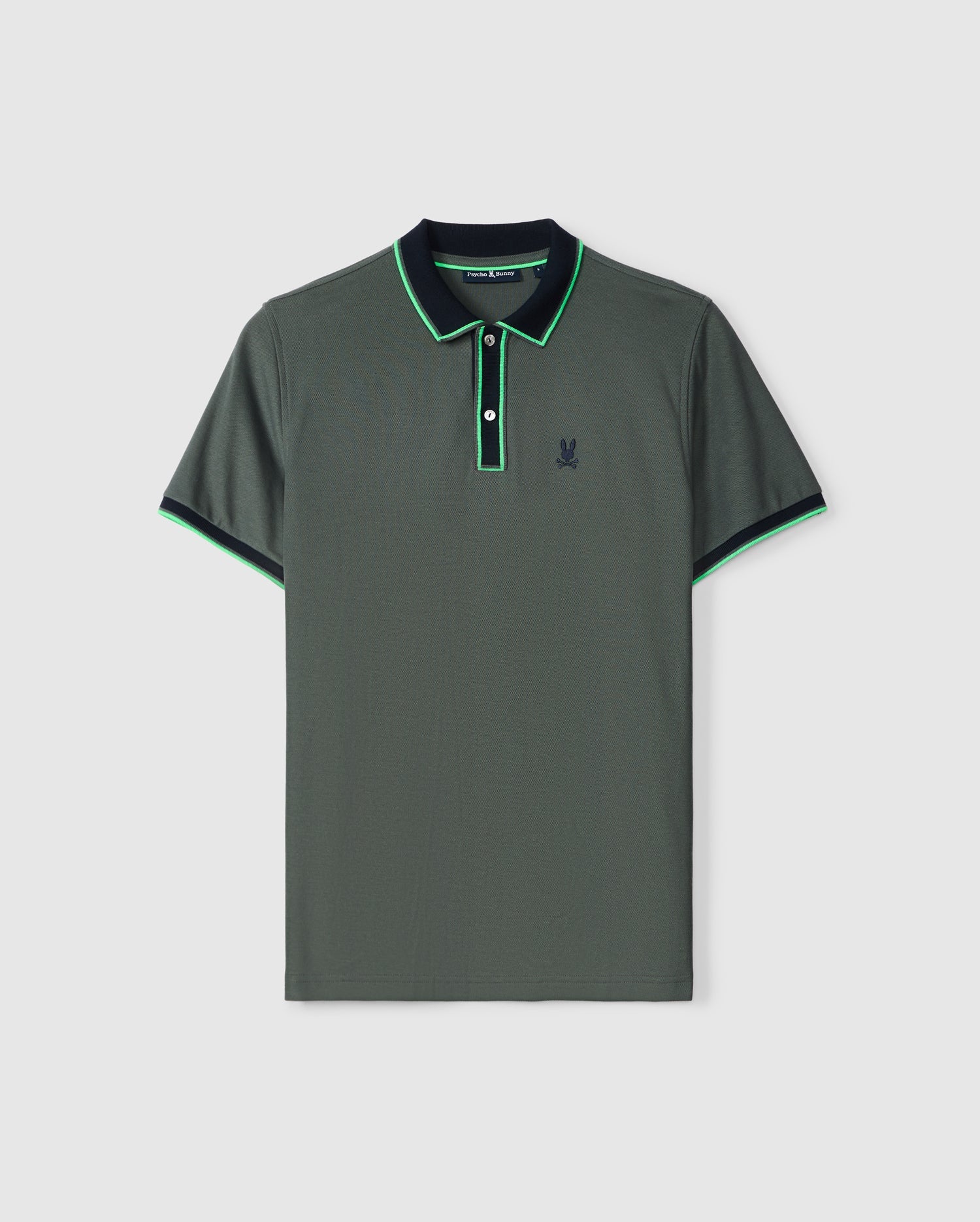 Introducing the Psycho Bunny MENS KENT PIQUE POLO SHIRT - B6K951D200, a stylish men's polo in dark green crafted meticulously from premium Pima cotton. This short-sleeved shirt features a small embroidered logo on the left chest, while the collar and sleeves are artistically detailed with green and blue accents. The button placket neckline completes this elegant design.