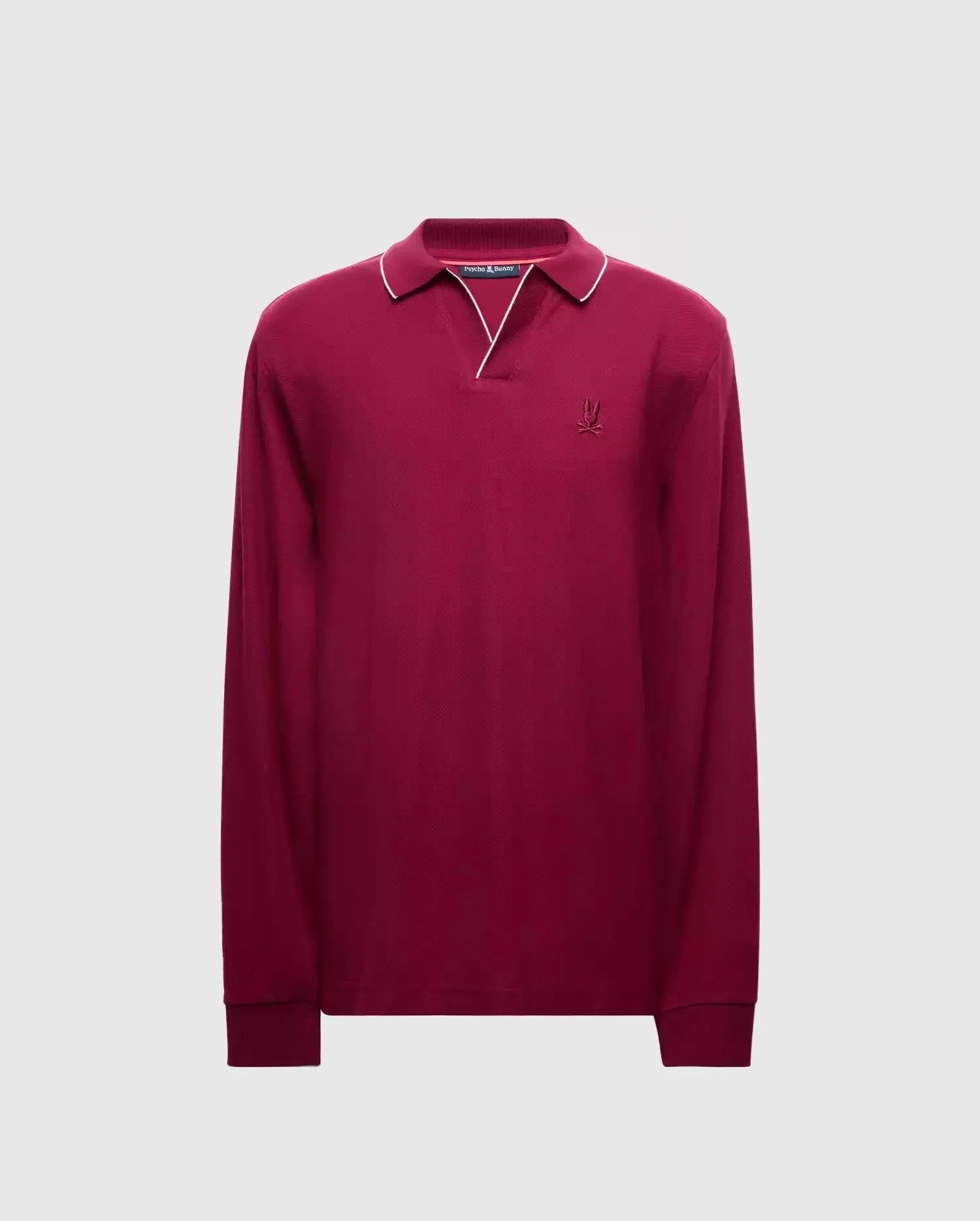 The Psycho Bunny MENS CREEDE PIQUE JOHNNY COLLAR POLO - B6M265E200 is a men's long-sleeve maroon polo featuring a small embroidered logo on the chest. This Pima cotton shirt comes with a classic collar accented by subtle white piping, set against a plain gray background.