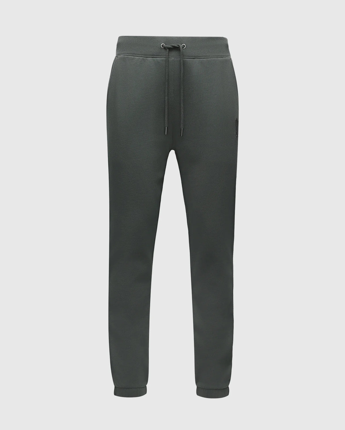 The Psycho Bunny Men's Pierce Essential French Terry Sweatpants (B6P136E200) in dark green are made from cotton French terry and feature a drawstring waist, side pockets, and cuffed ankles, showcased against a plain background.