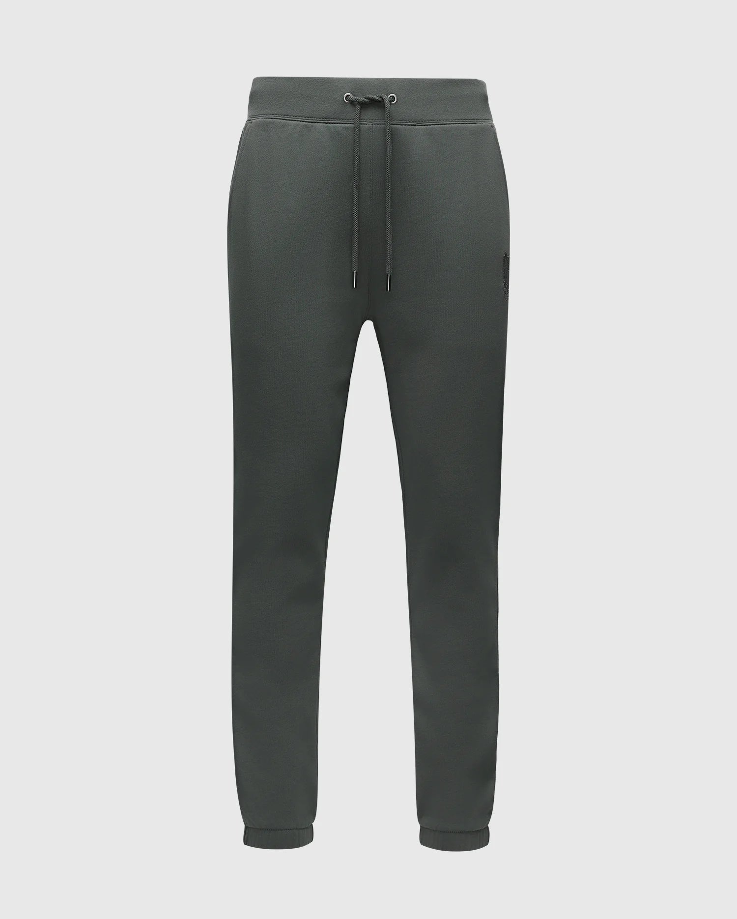 The Psycho Bunny Men's Pierce Essential French Terry Sweatpants (B6P136E200) in dark green are made from cotton French terry and feature a drawstring waist, side pockets, and cuffed ankles, showcased against a plain background.