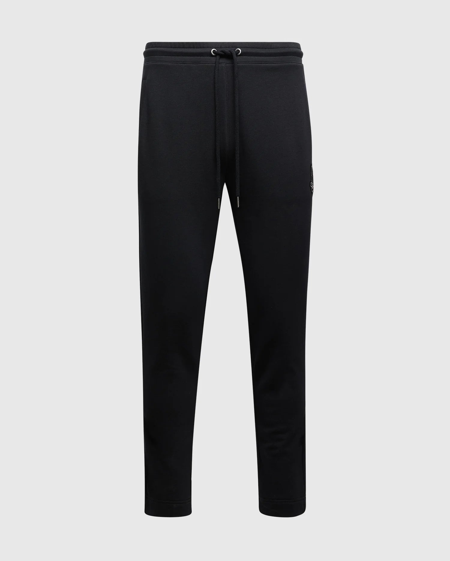 Psycho Bunny's MENS ALEXANDER SWEATPANT (B6P155E200) offers black cotton joggers with an elastic waistband and drawstring. These comfy straight-fit men's joggers include side pockets, making the fabric soft and suitable for casual wear or athletic activities.