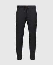 The MENS LLOYD CARGO JOGGER - B6P159B200 by Psycho Bunny are black with a slim fit design, featuring elasticized cuffs and an adjustable drawstring waistband. These joggers have utilitarian pockets on the sides and offer a sleek, modern look. The product is showcased against a white background.
