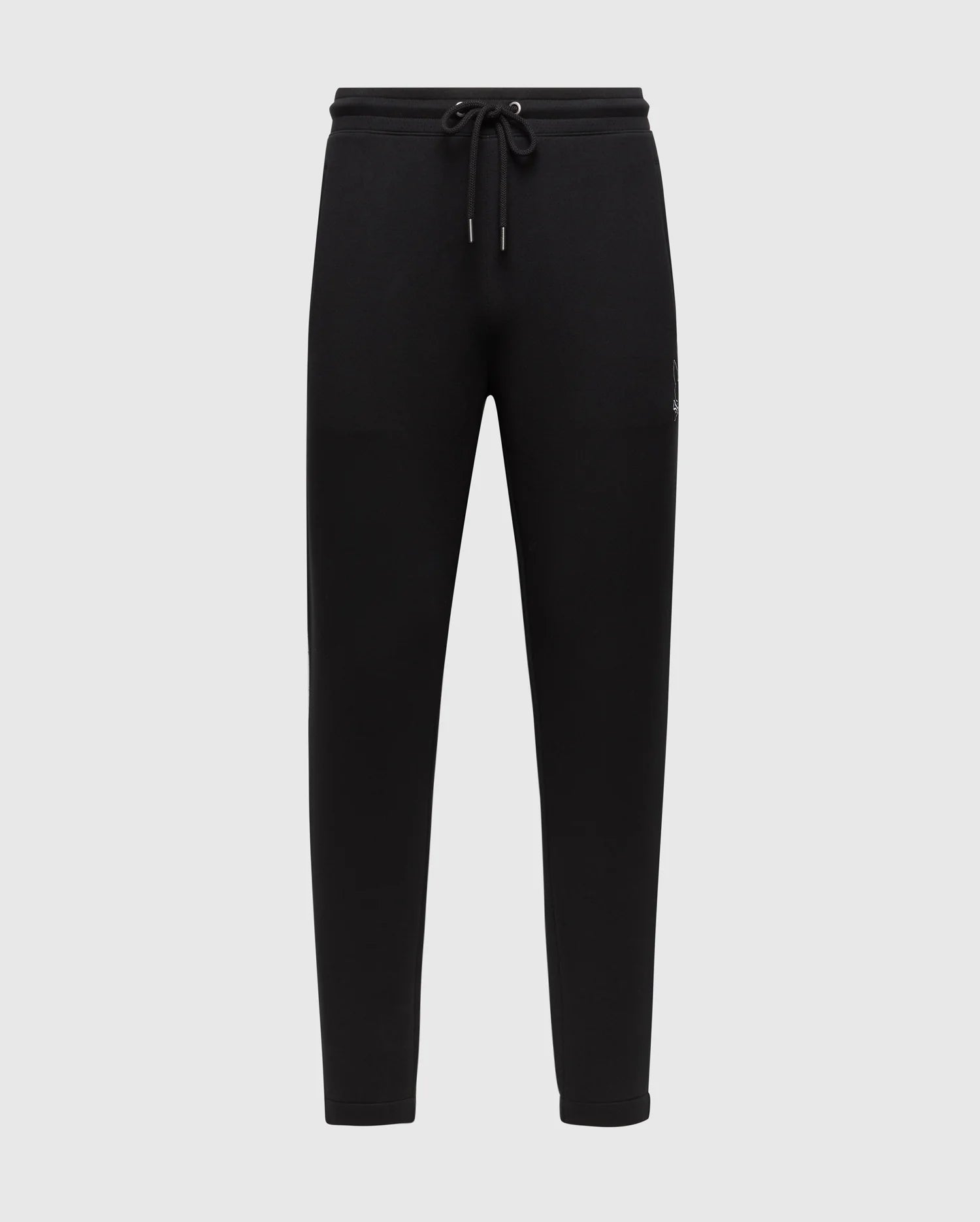 The MENS DACANO PERFORATED SWEATPANT - B6P240E200 by Psycho Bunny features a slim fit with an adjustable drawstring, elastic waistband, subtle stitching, and an embroidered logo. Made from soft, comfortable material in plain light gray.