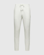 The MENS ELDORADO BRUSH BACK JOGGER - B6P285E200 by Psycho Bunny features a light gray color and the Chenille Bunny logo. These joggers have an adjustable drawstring waistband, two side pockets, and elasticized ankle cuffs. Made from soft brushback cotton for comfort.