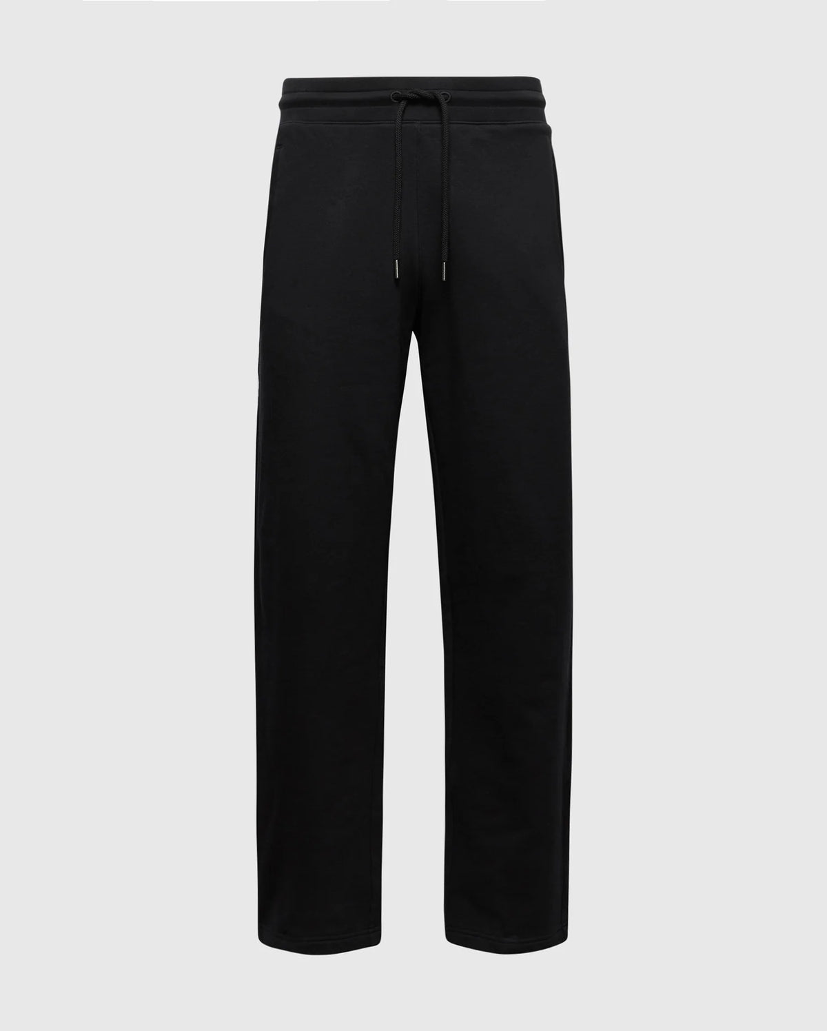 The Psycho Bunny MENS LYNX WIDE LEG CLASSIC FRENCH TERRY SWEATPANT in black sports an elastic waistband with a drawstring. Set against a gray backdrop, these relaxed-fit, straight-leg sweatpants are ideal for both casual and athletic activities. Product code: B6P379E200.