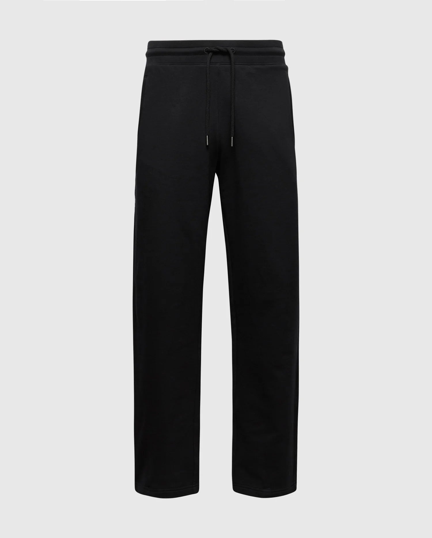 The Psycho Bunny MENS LYNX WIDE LEG CLASSIC FRENCH TERRY SWEATPANT in black sports an elastic waistband with a drawstring. Set against a gray backdrop, these relaxed-fit, straight-leg sweatpants are ideal for both casual and athletic activities. Product code: B6P379E200.