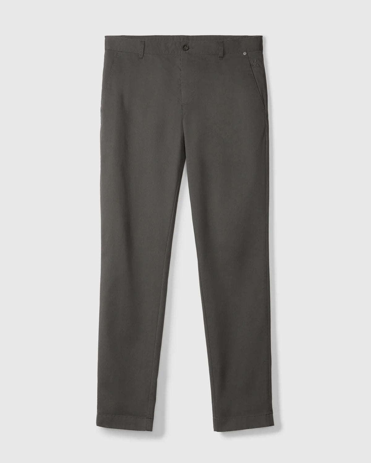 Displayed on a white background, the Psycho Bunny MENS GILMAN CHINO PANT - B6P393Z1WB is a pair of dark olive green stretch trousers. These chino pants showcase a slim fit style and include features like button and zipper closure, belt loops, and side pockets for added comfort.