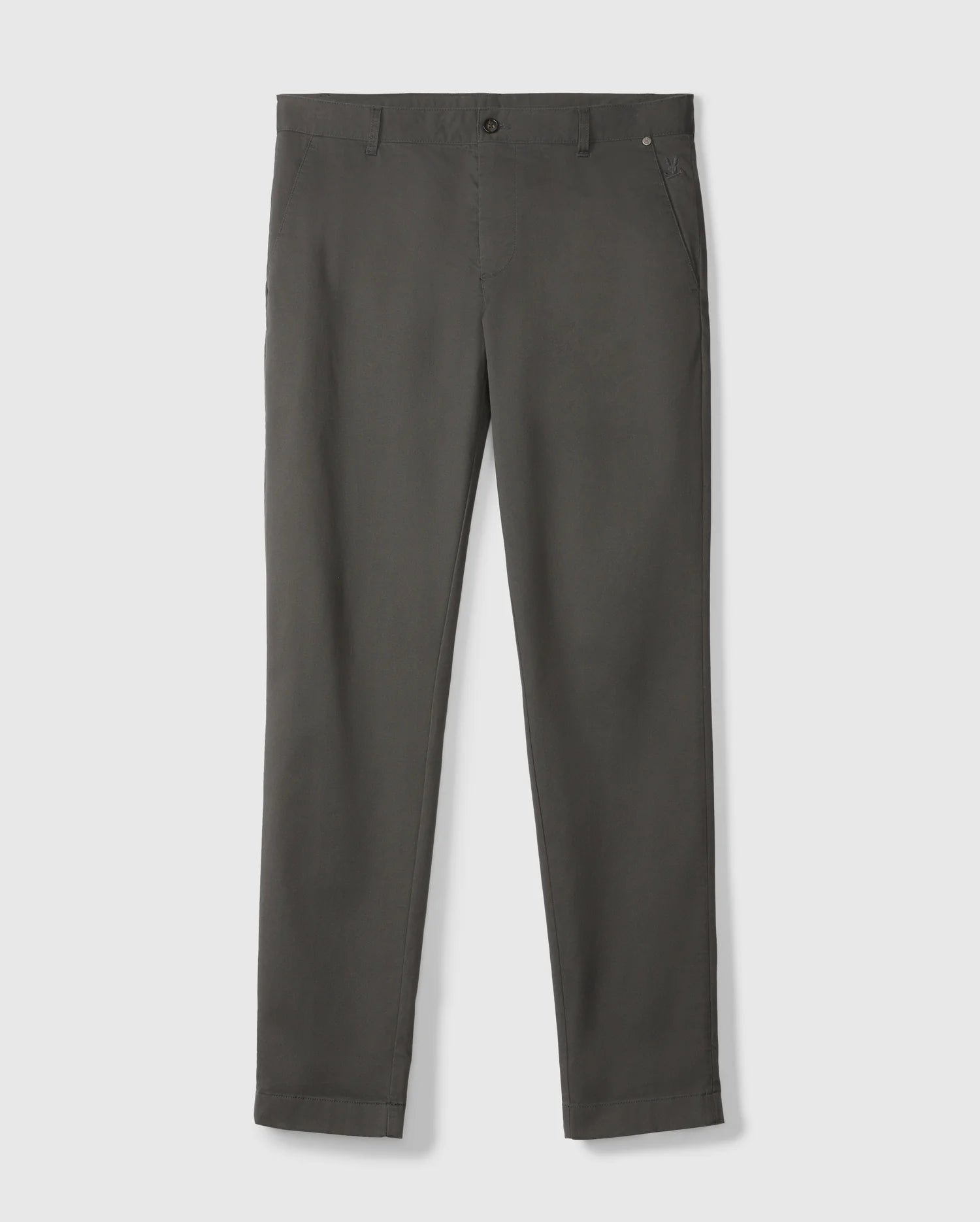 Displayed on a white background, the Psycho Bunny MENS GILMAN CHINO PANT - B6P393Z1WB is a pair of dark olive green stretch trousers. These chino pants showcase a slim fit style and include features like button and zipper closure, belt loops, and side pockets for added comfort.