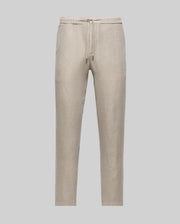 The Psycho Bunny MENS FATE LINEN DRAWSTRING PANT (B6P471C200) features light beige premium linen-blend fabric, elastic waistband with drawstring, straight leg cut, side pockets, and an embroidered logo, shown on a light gray background.