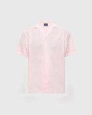 Light pink MENS COBAR WOVEN SHIRT by Psycho Bunny with short sleeves and a notched collar on a gray background. Made from a linen blend, it includes an embroidered logo on the left chest. Model: B6Q522F200.