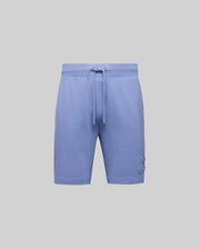 The Psycho Bunny Men's Levanzo French Terry Sweatshort (B6R578F200) in light blue features soft micro French terry, side pockets, and a small embroidered bunny logo on the lower left leg, shown against a plain gray background.