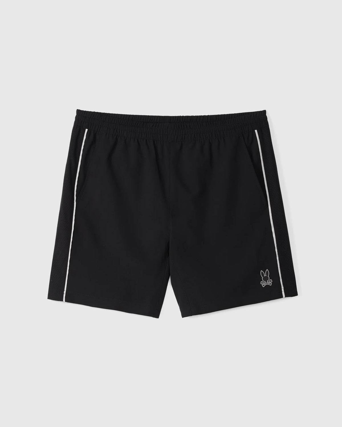 Psycho Bunny's MENS MANSFIELD SPORT SHORT - B6R807D200 in black, featuring white piping down the sides, comes with an elastic waistband and a small bunny emblem at the bottom corner. Made from durable polyester, these regular-fit shorts contrast sharply against a plain white background.