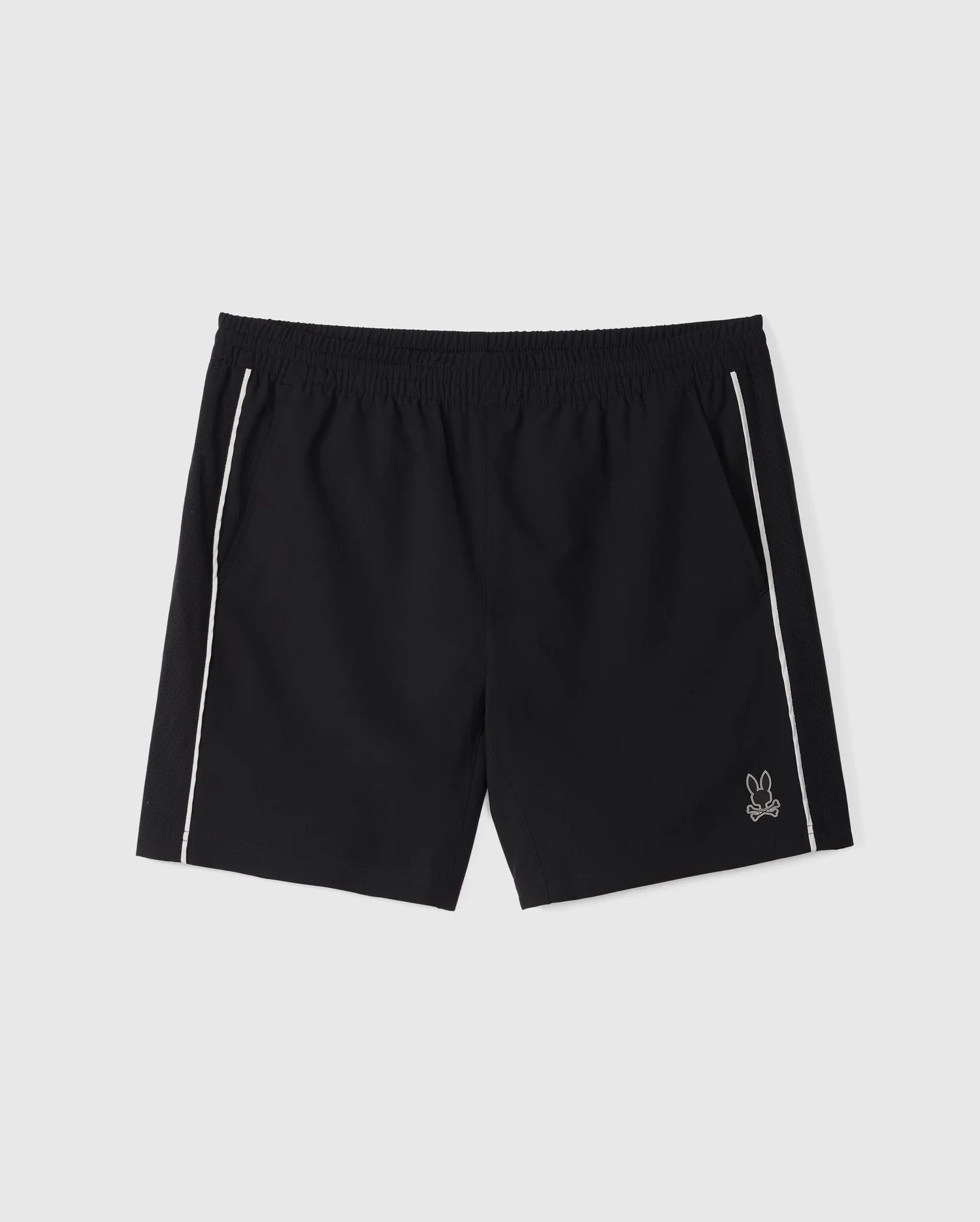 Psycho Bunny's MENS MANSFIELD SPORT SHORT - B6R807D200 in black, featuring white piping down the sides, comes with an elastic waistband and a small bunny emblem at the bottom corner. Made from durable polyester, these regular-fit shorts contrast sharply against a plain white background.