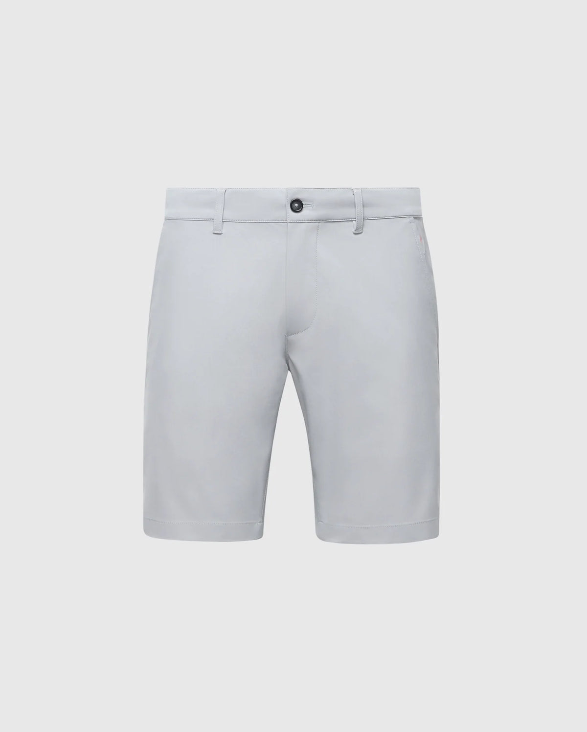 The Psycho Bunny MENS 10K STEP SHORT - B6R969F200 are light gray breathable shorts with side and back pockets, belt loops, and a front button closure, perfect for athletic breathability. Displayed against a plain background.