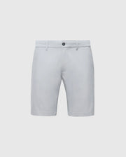 The Psycho Bunny MENS 10K STEP SHORT - B6R969F200 are light gray breathable shorts with side and back pockets, belt loops, and a front button closure, perfect for athletic breathability. Displayed against a plain background.